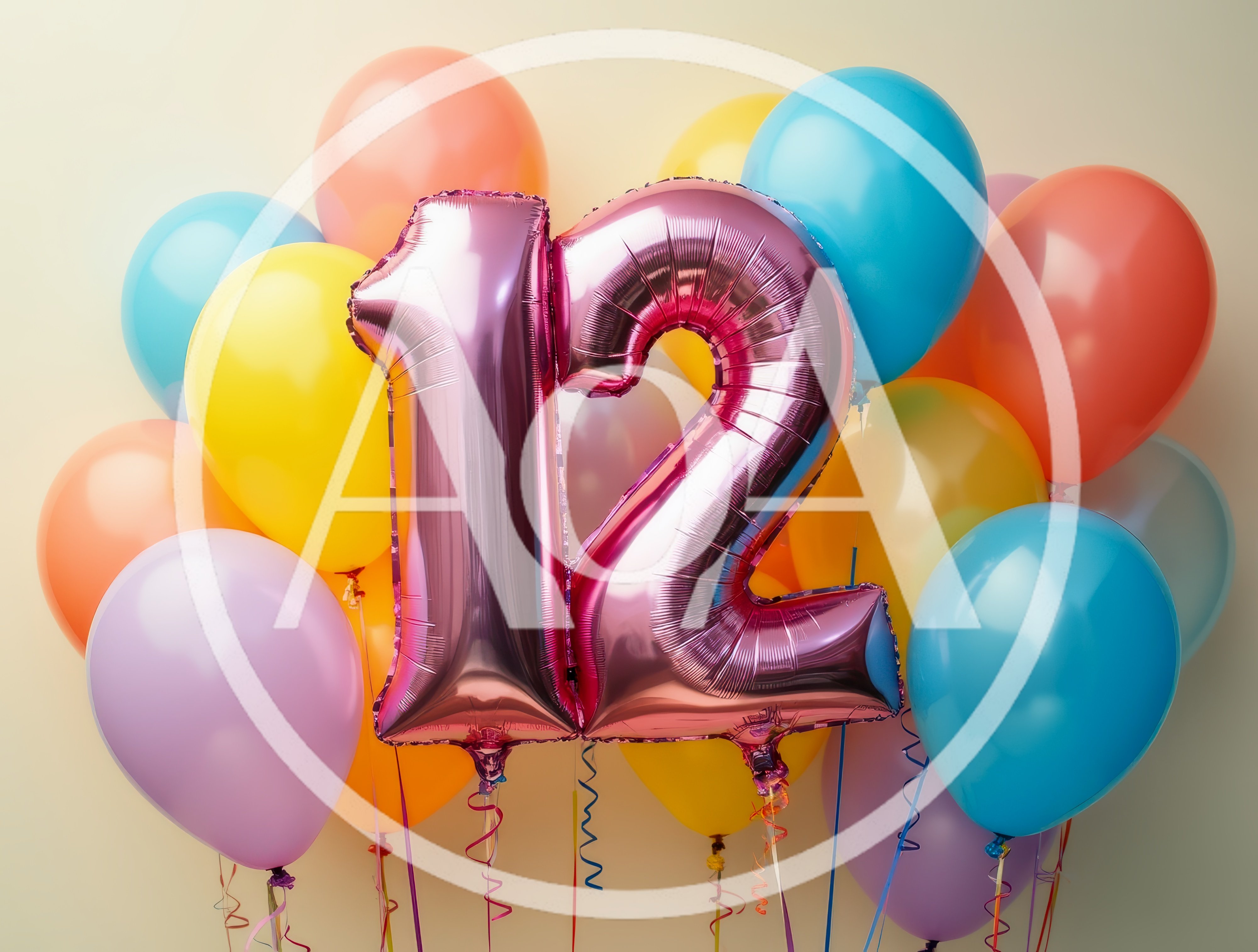 Pink Number Twelve Foil Balloon With Colorful Party Balloons