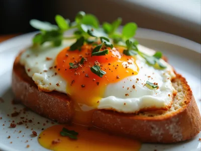 Fried Egg On Toasted Bread With Fresh Herbs
