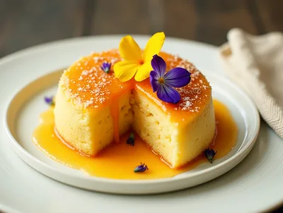 Small Round Cake With Orange Glaze And Edible Flowers
