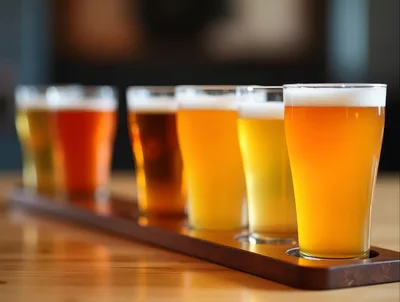 Beer Flight With Six Glasses On A Wooden Paddle