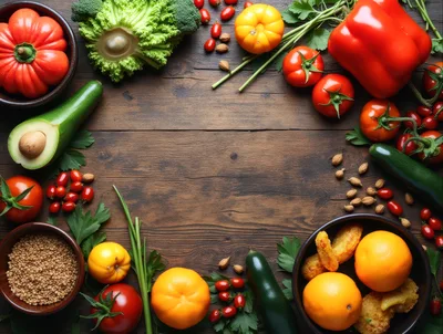 Fresh Vegetables and Fruits Arranged on Wooden Table