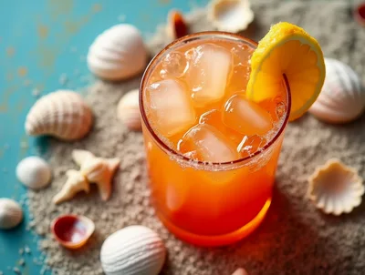 Refreshing Tropical Cocktail With Lemon Garnish On Sand