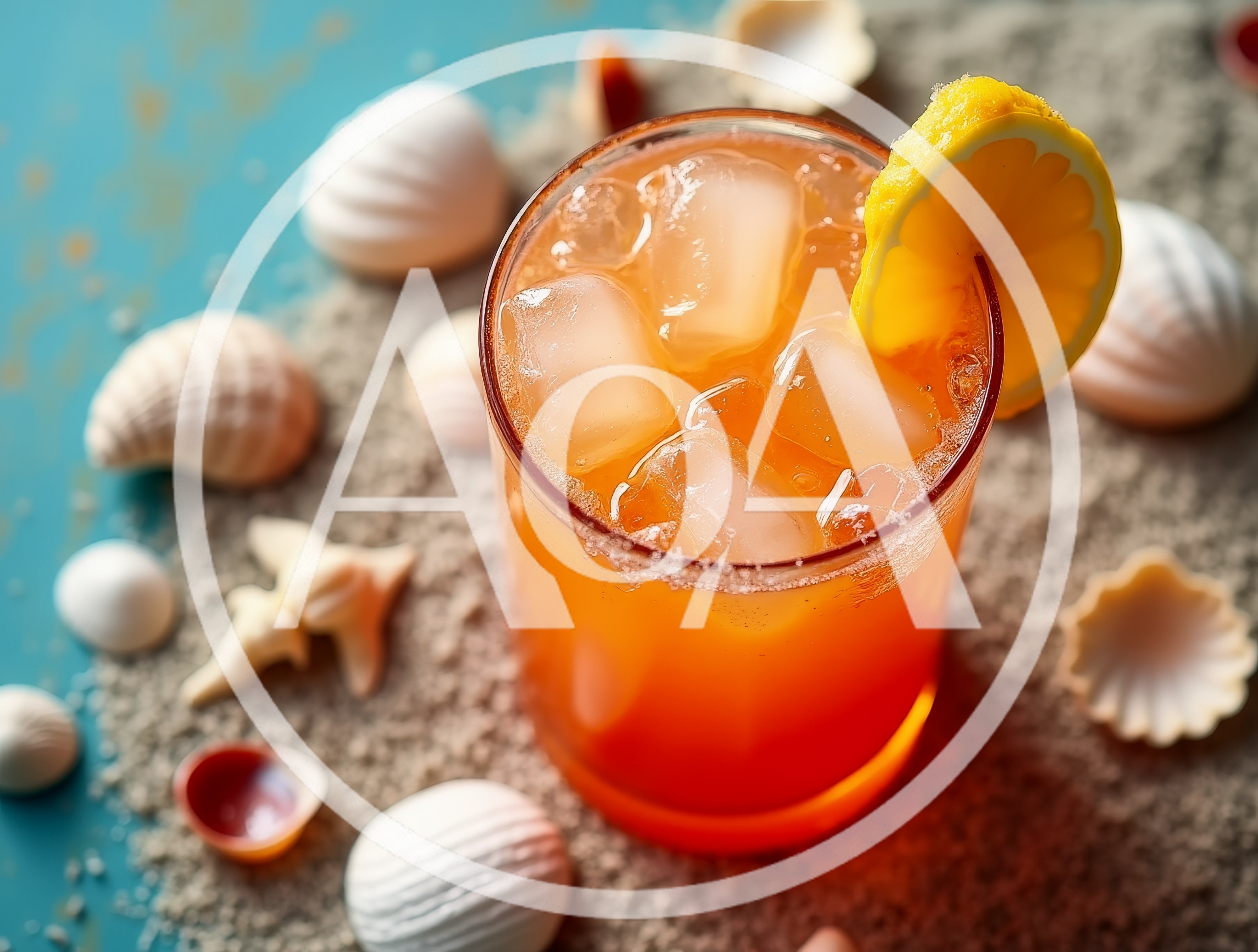 Refreshing Tropical Cocktail With Lemon Garnish On Sand
