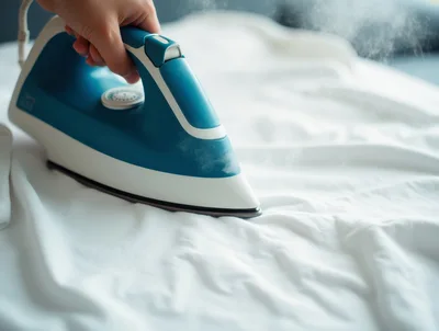 Hand Holding Steam Iron Pressing White Fabric
