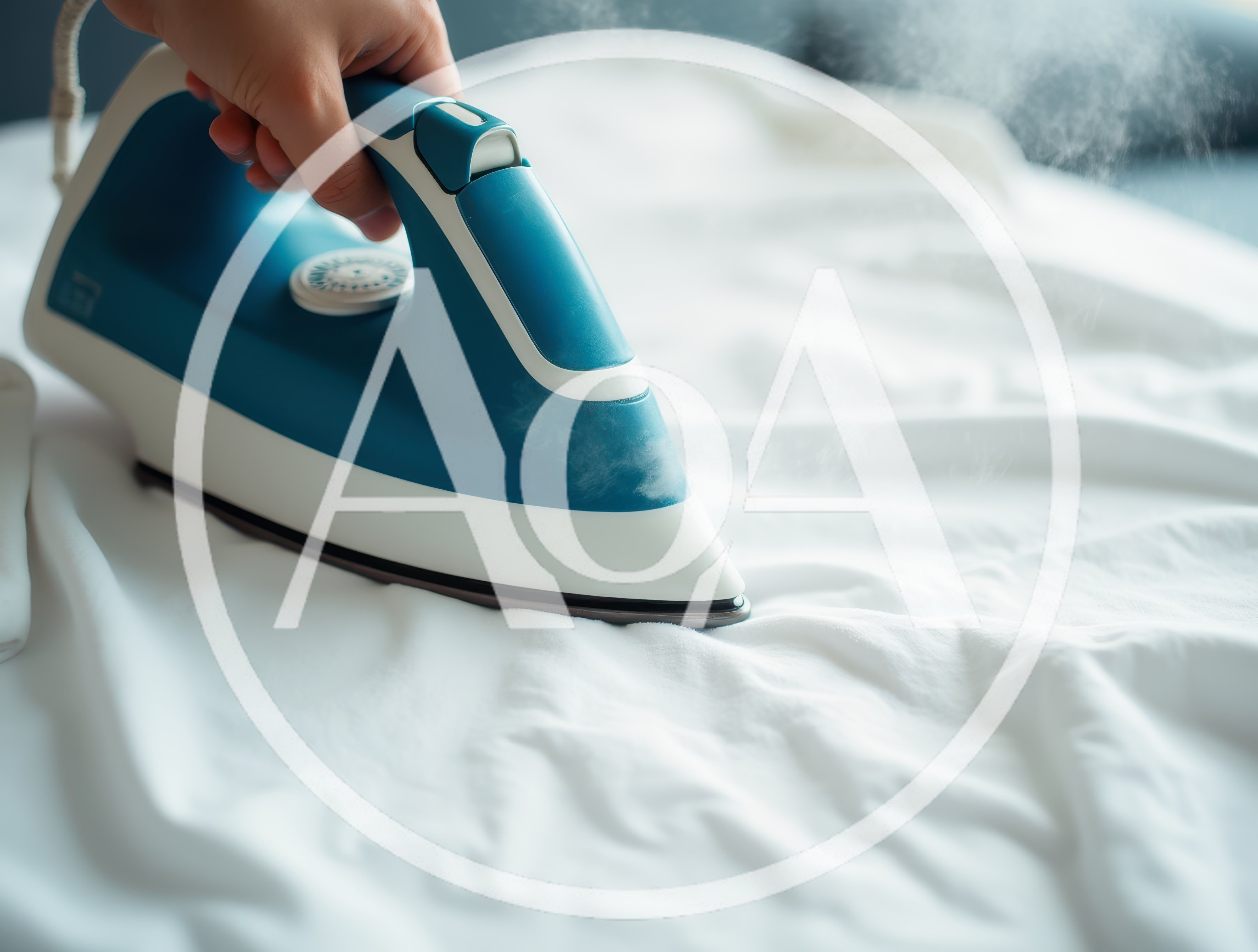 Hand Holding Steam Iron Pressing White Fabric