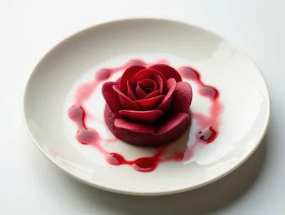 Gourmet Rose Shaped Dessert On A White Plate