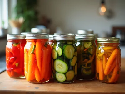 Assorted Glass Jars Of Homemade Pickled Vegetables