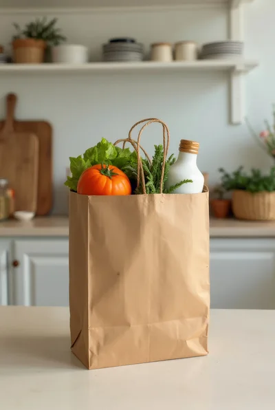 Paper Grocery Bag With Fresh Produce On Kitchen Counter