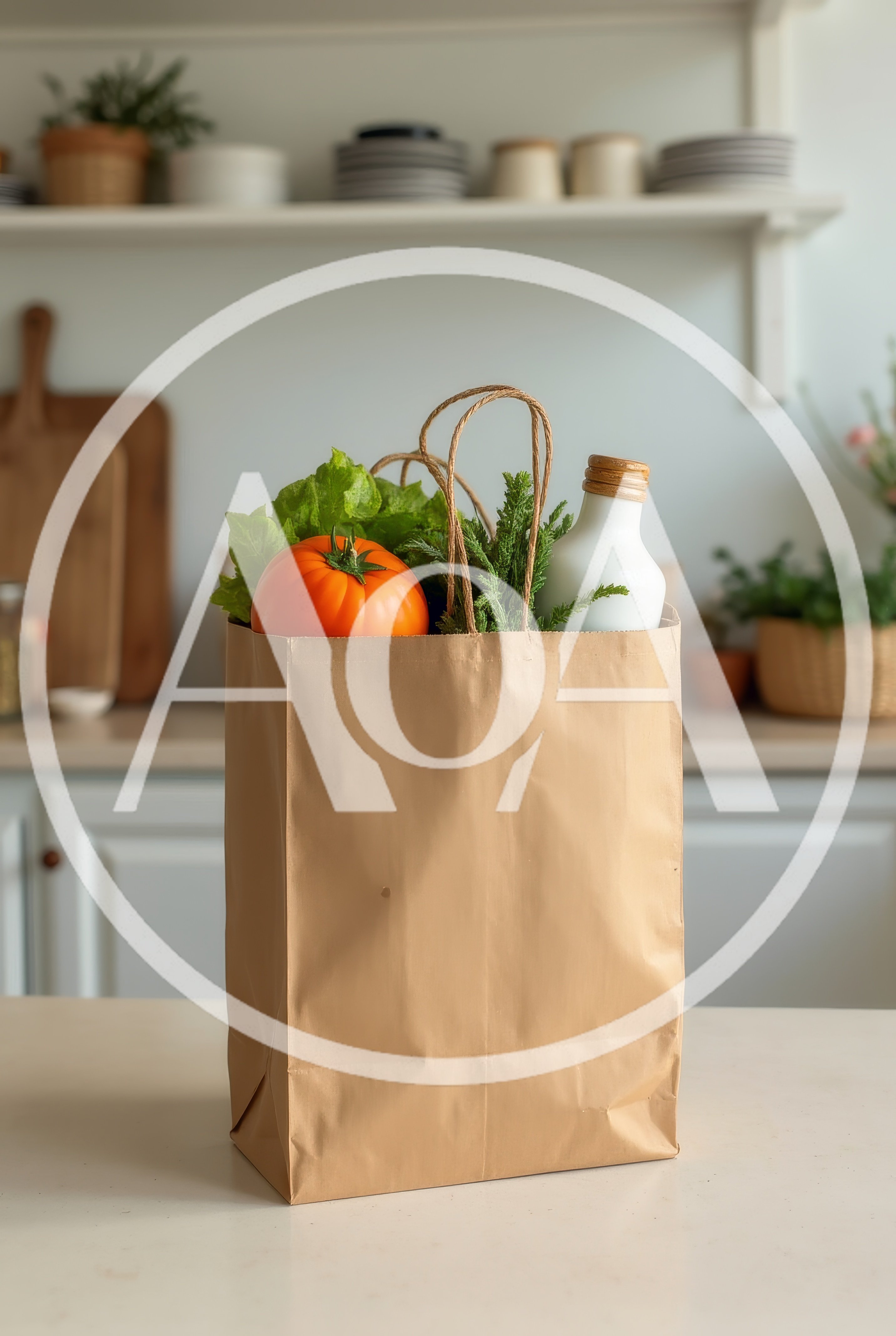 Paper Grocery Bag With Fresh Produce On Kitchen Counter