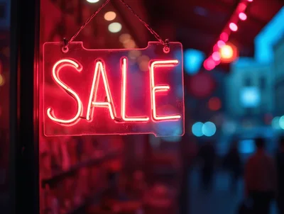 Neon Sale Sign Hanging In A Store Window