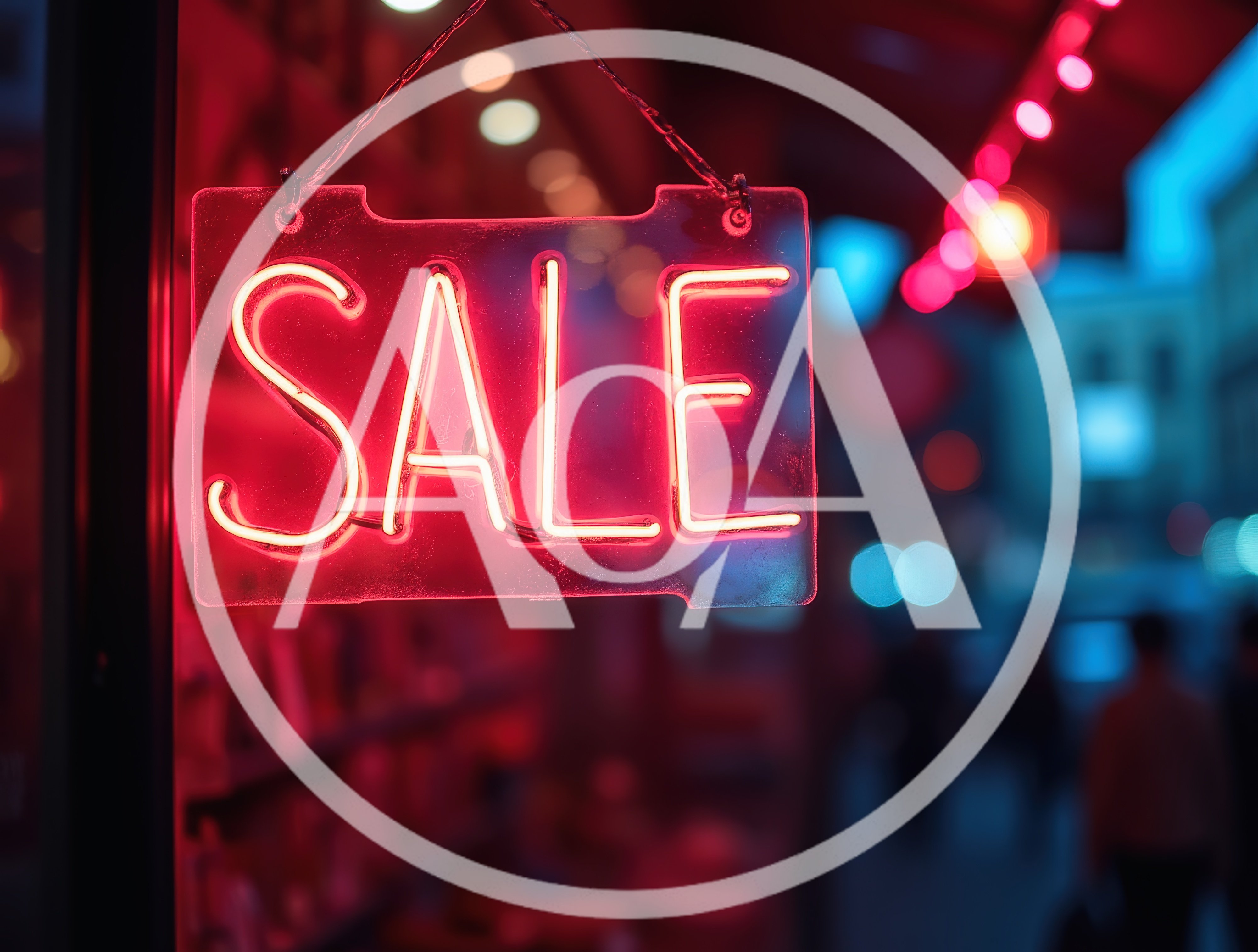 Neon Sale Sign Hanging In A Store Window