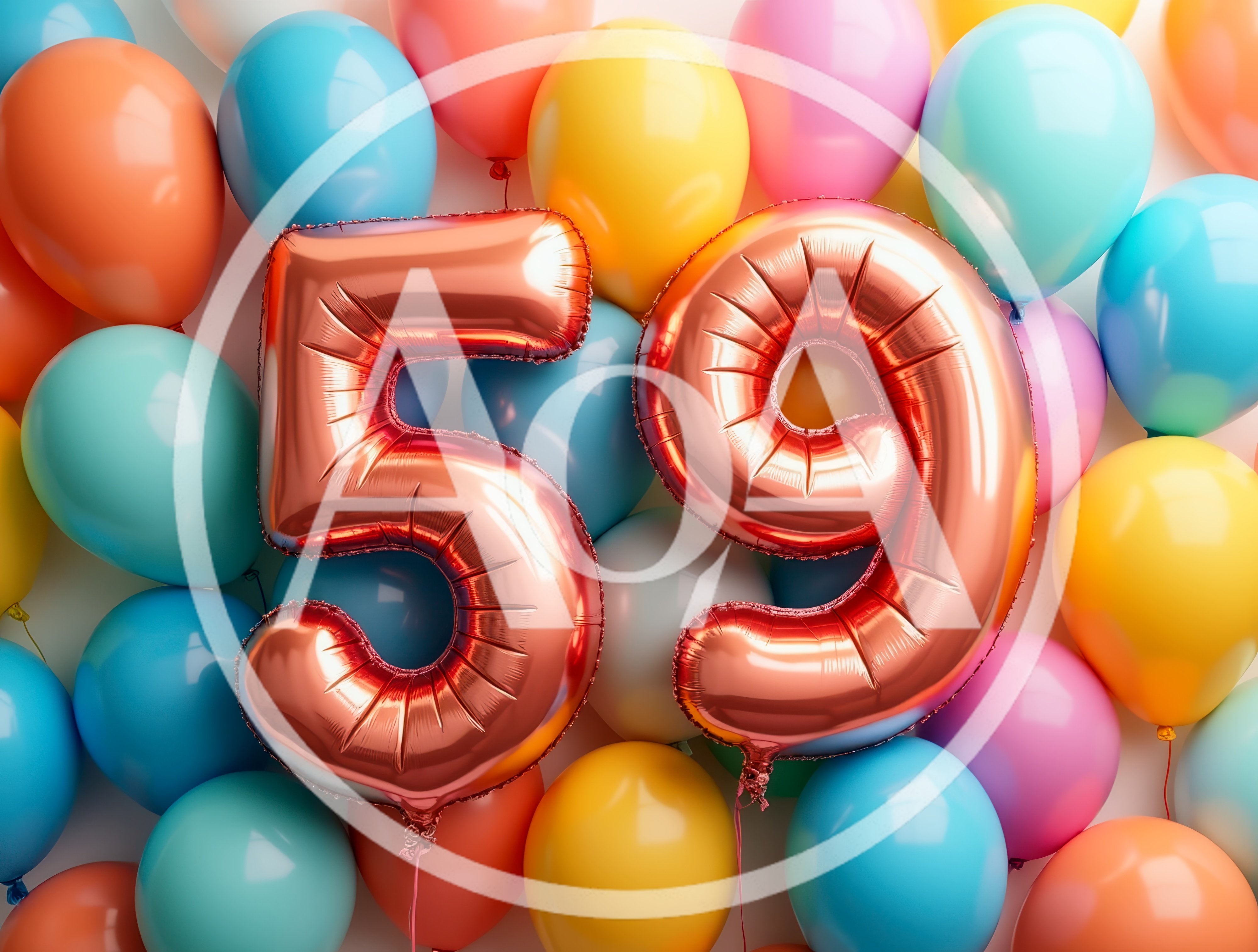 Rose Gold Number 59 Balloons With Colorful Party Decor