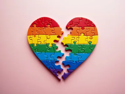 Broken Rainbow Heart Puzzle on Pink Background