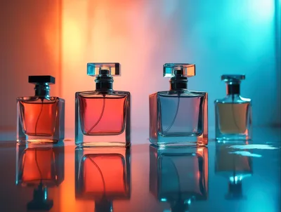 Four Glass Perfume Bottles With Colorful Lighting