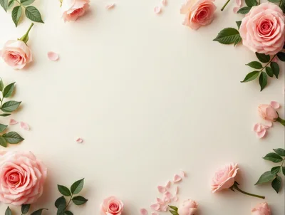 Pink Rose Floral Frame on Cream Background
