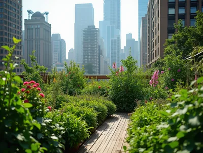 Rooftop Garden Terrace With City Skyline View