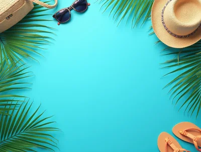 Summer Vacation Accessories Flat Lay on Blue Background