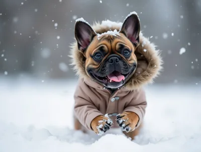French Bulldog Puppy Playing In The Snow