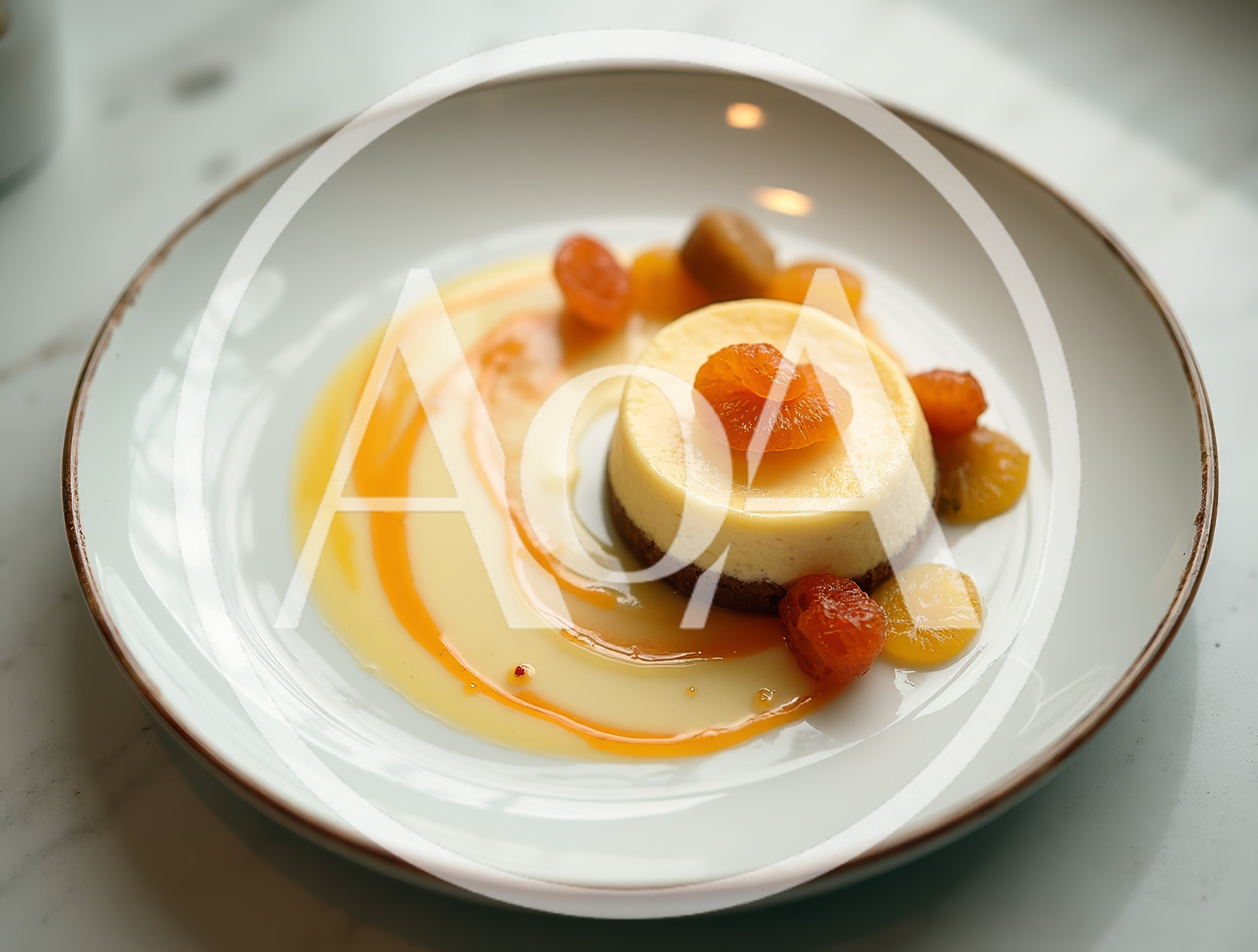 Gourmet Cheesecake Dessert Plated With Citrus Fruit Garnish