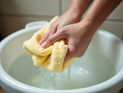 Hands Wringing Out A Yellow Cloth In A Basin