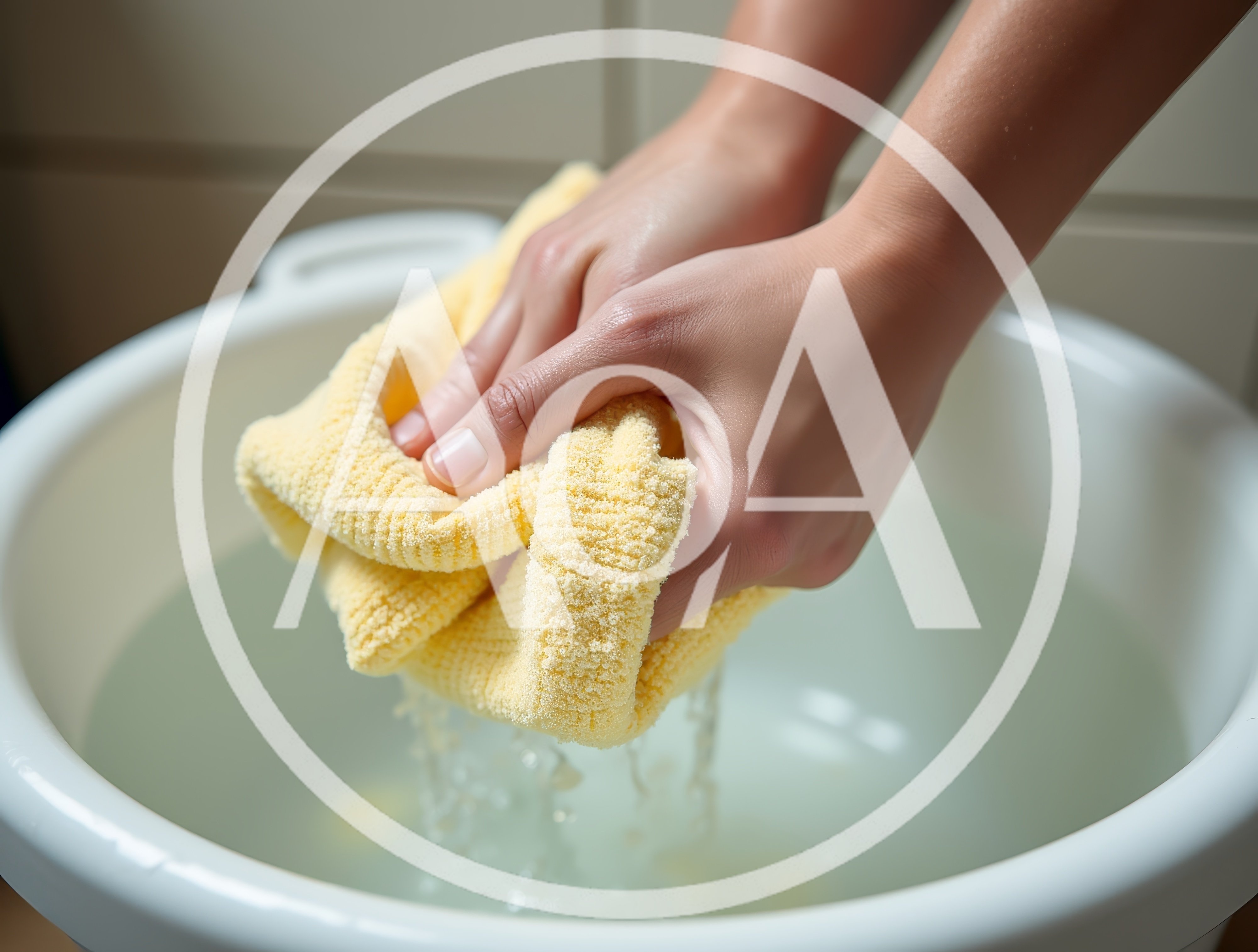 Hands Wringing Out A Yellow Cloth In A Basin