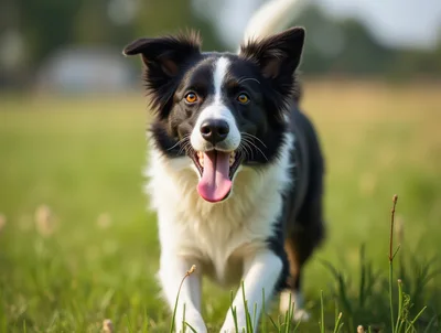 Happy Border Collie Running Through A Green Meadow