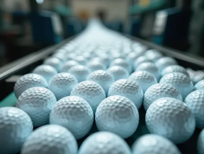 Golf Balls Moving Along An Industrial Conveyor Belt