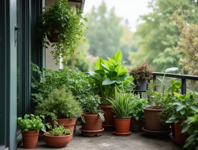 Potted Plants On A Lush Apartment Balcony