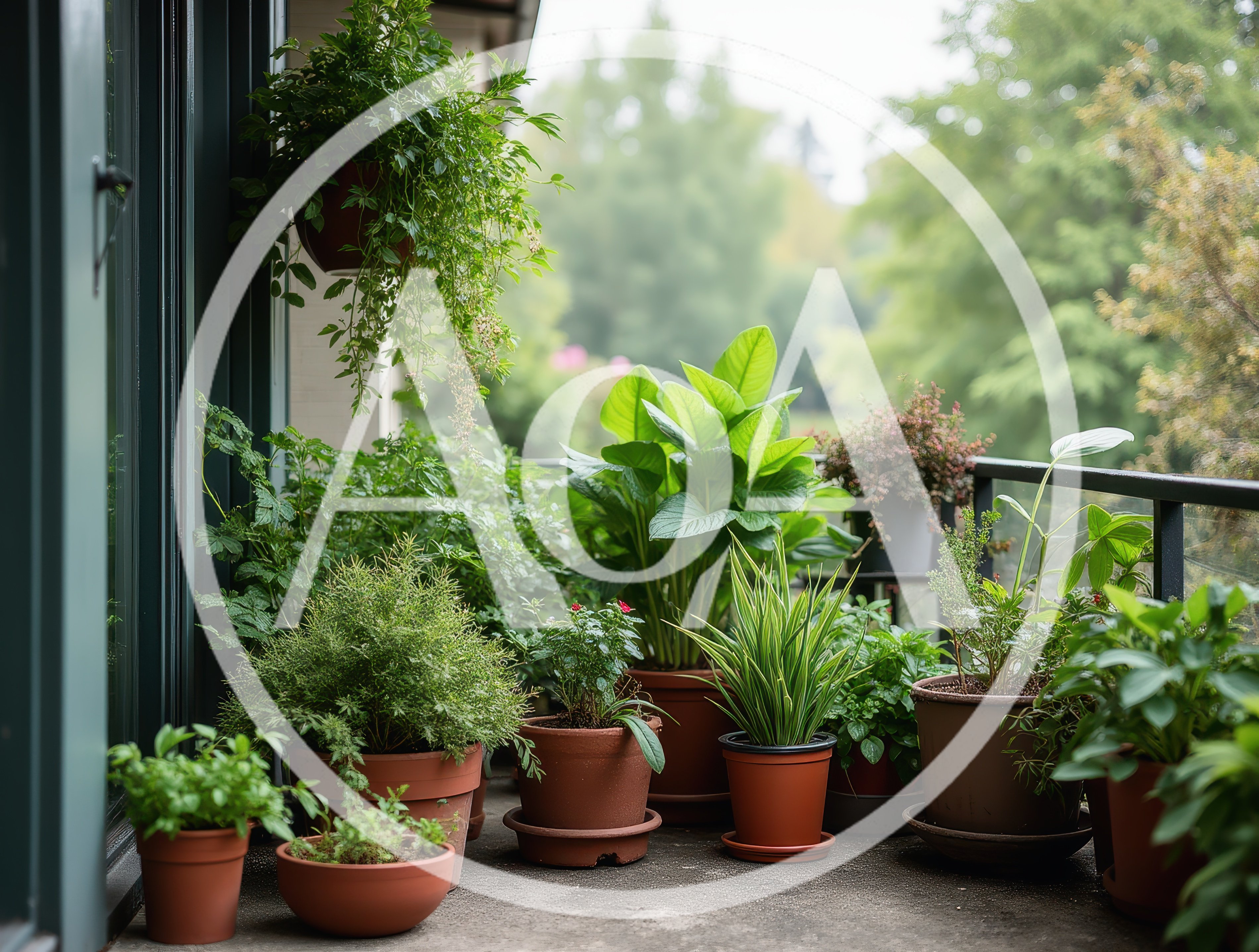 Potted Plants On A Lush Apartment Balcony