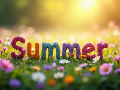 Colorful Summer Text Letters Standing In A Flower Meadow