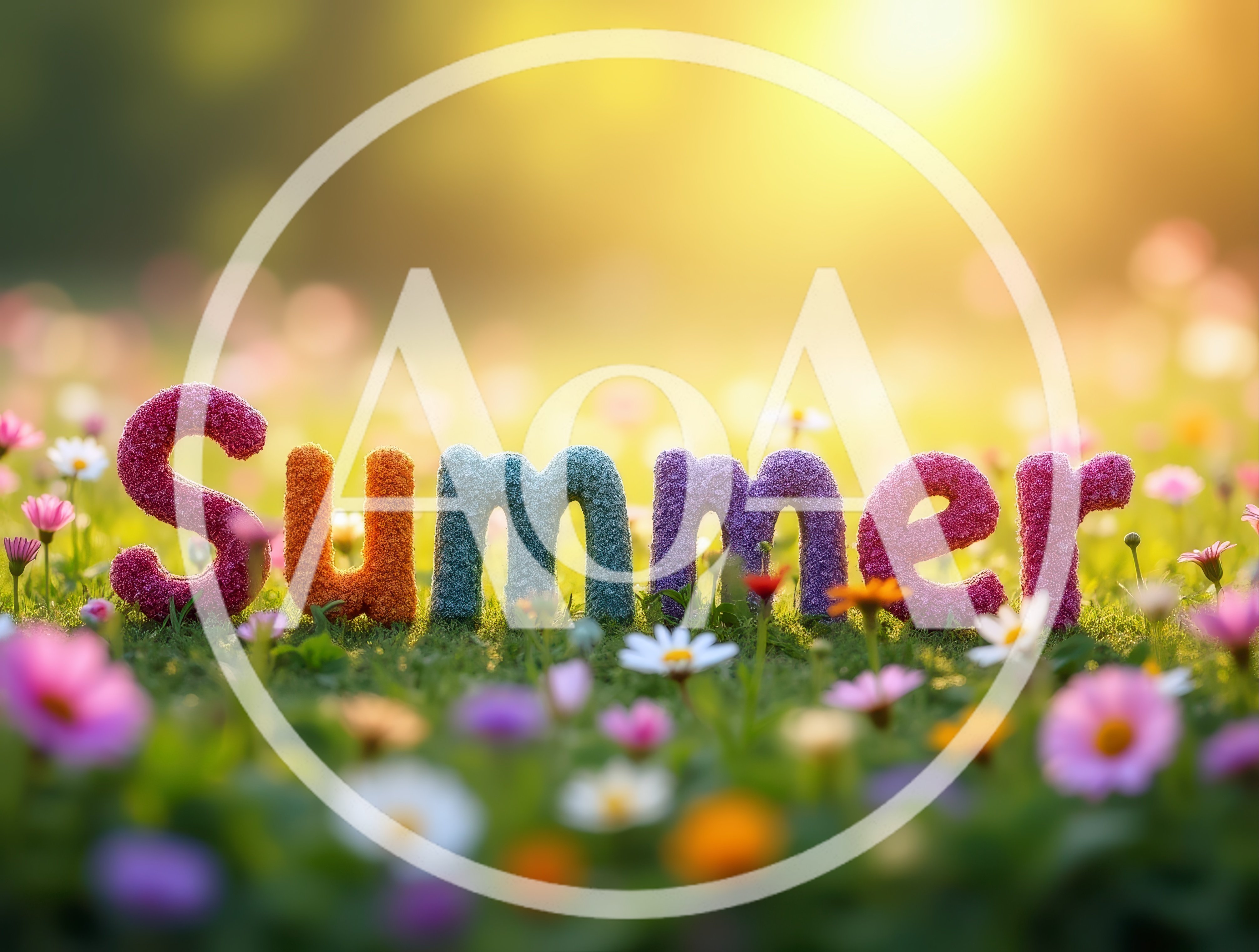Colorful Summer Text Letters Standing In A Flower Meadow
