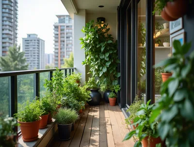 Potted Plants On A Sunny Apartment Balcony