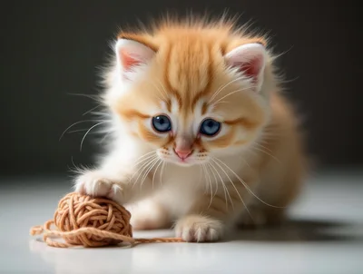 Adorable Fluffy Ginger Kitten Playing With Yarn Ball