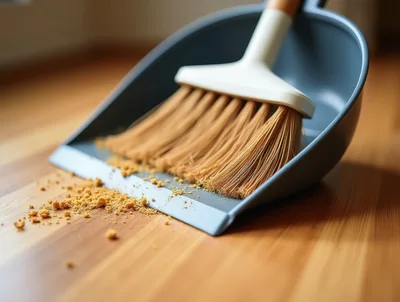 Broom Sweeping Debris Into A Dustpan On Wooden Floor