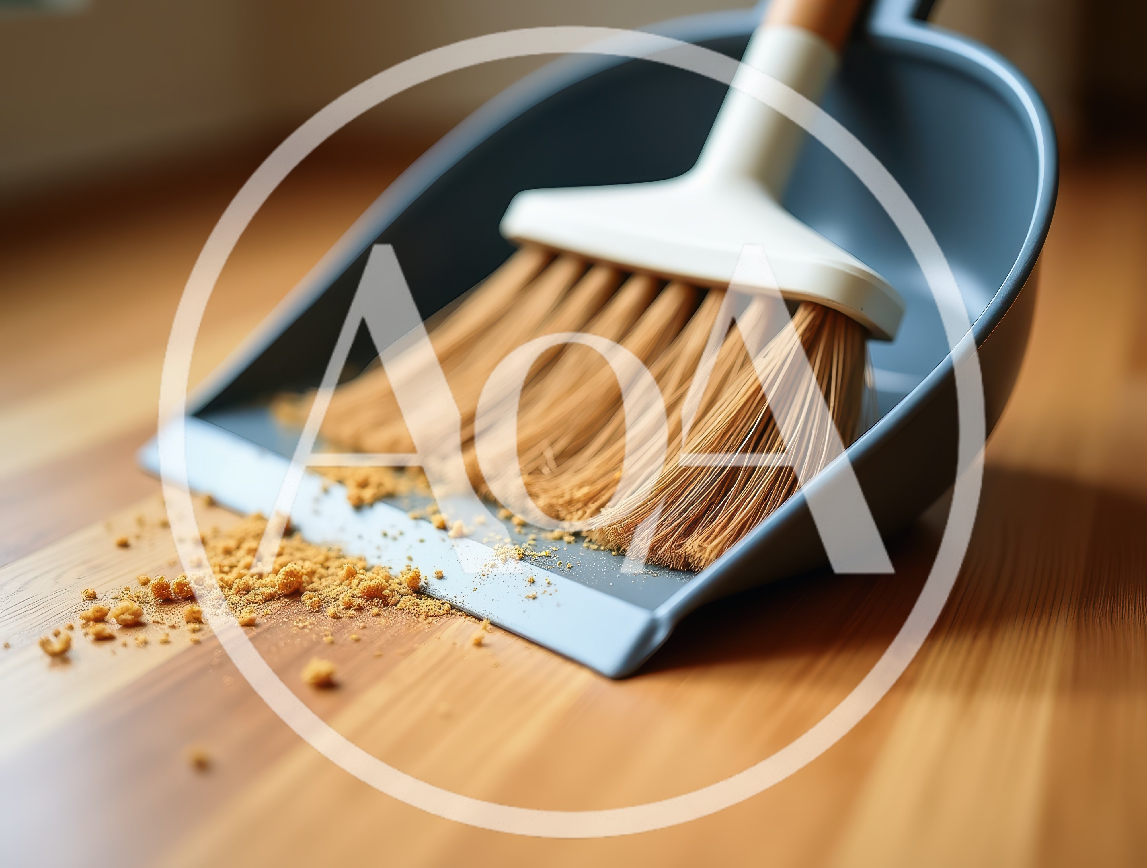 Broom Sweeping Debris Into A Dustpan On Wooden Floor