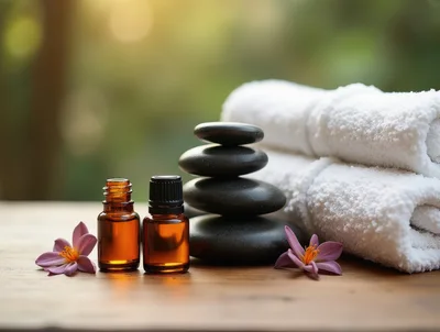 Spa Treatment Essentials With Stones And Essential Oils