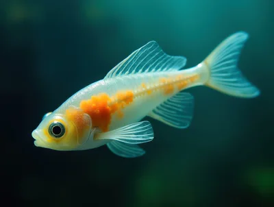 Translucent Goldfish Swimming In Dark Aquatic Environment