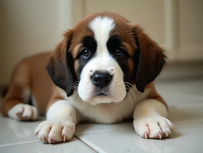 Adorable Saint Bernard Puppy Lying On Tiled Floor
