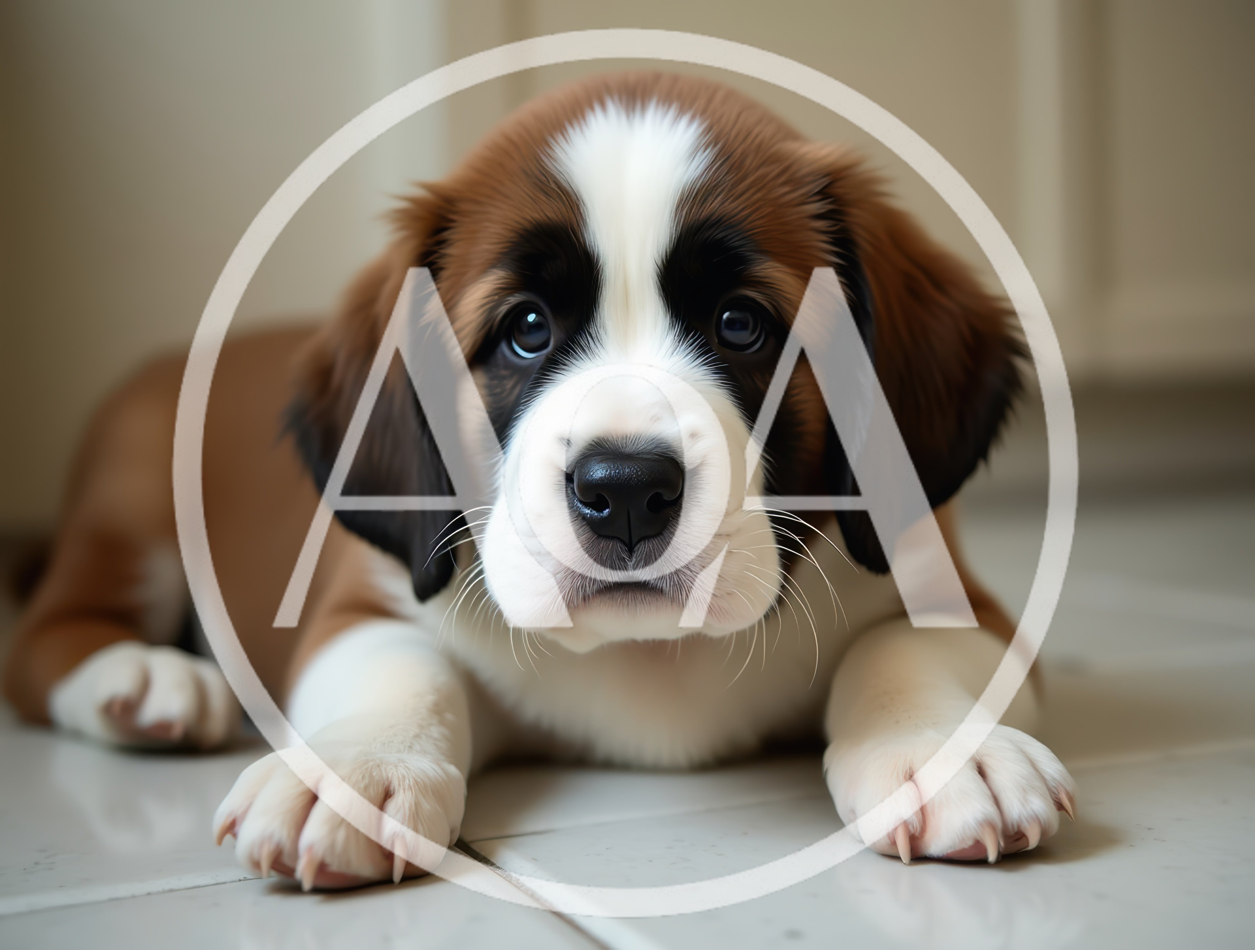 Adorable Saint Bernard Puppy Lying On Tiled Floor