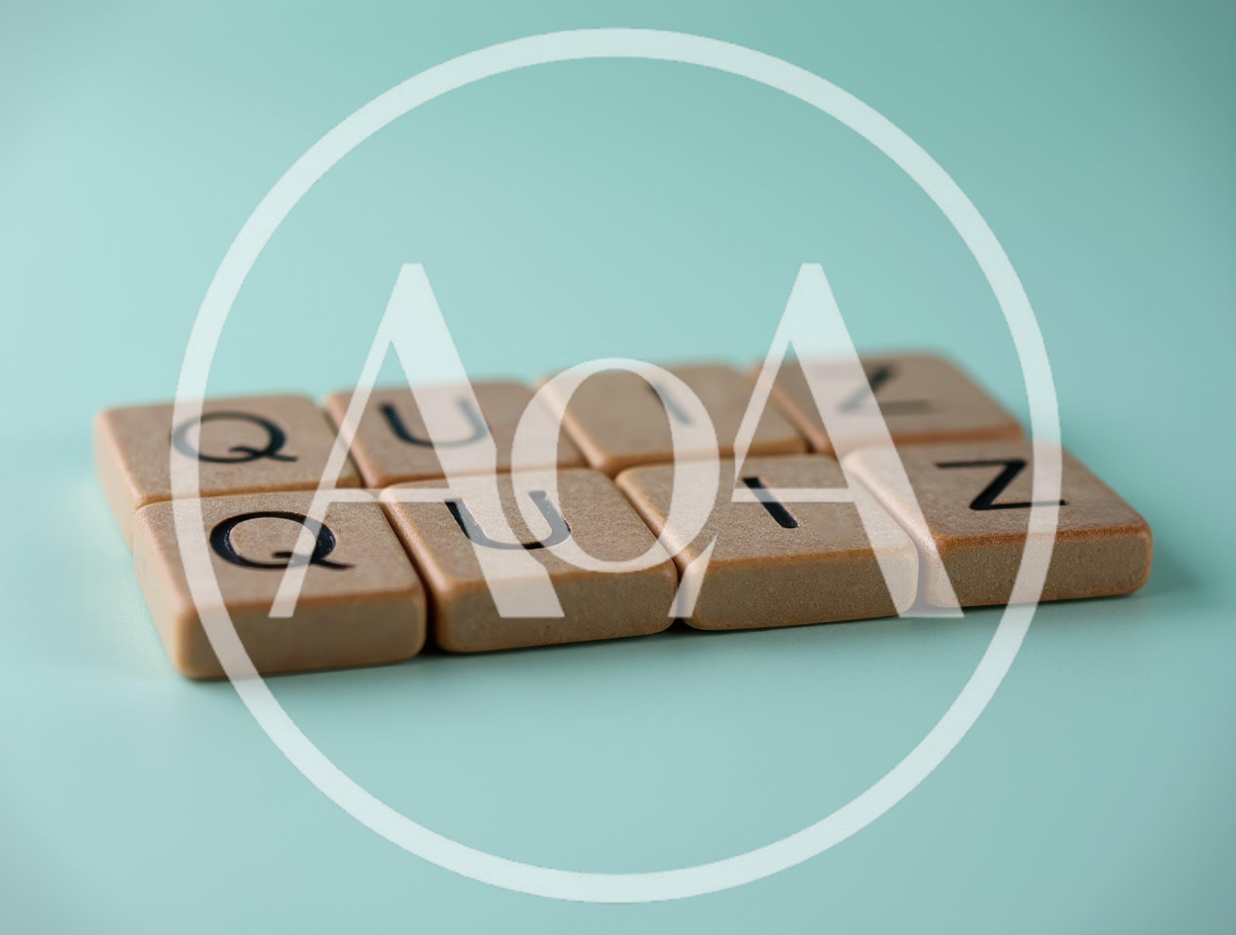 Wooden Scrabble Tiles Spelling Quiz On Teal Background