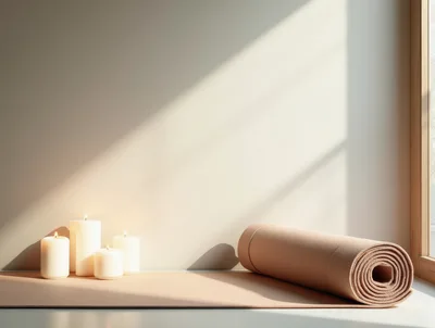 Yoga Mat And Lit Candles In A Minimalist Studio