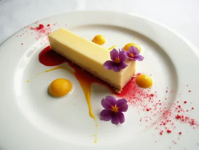 Gourmet Cheesecake Dessert Plated With Fruit Coulis And Flowers