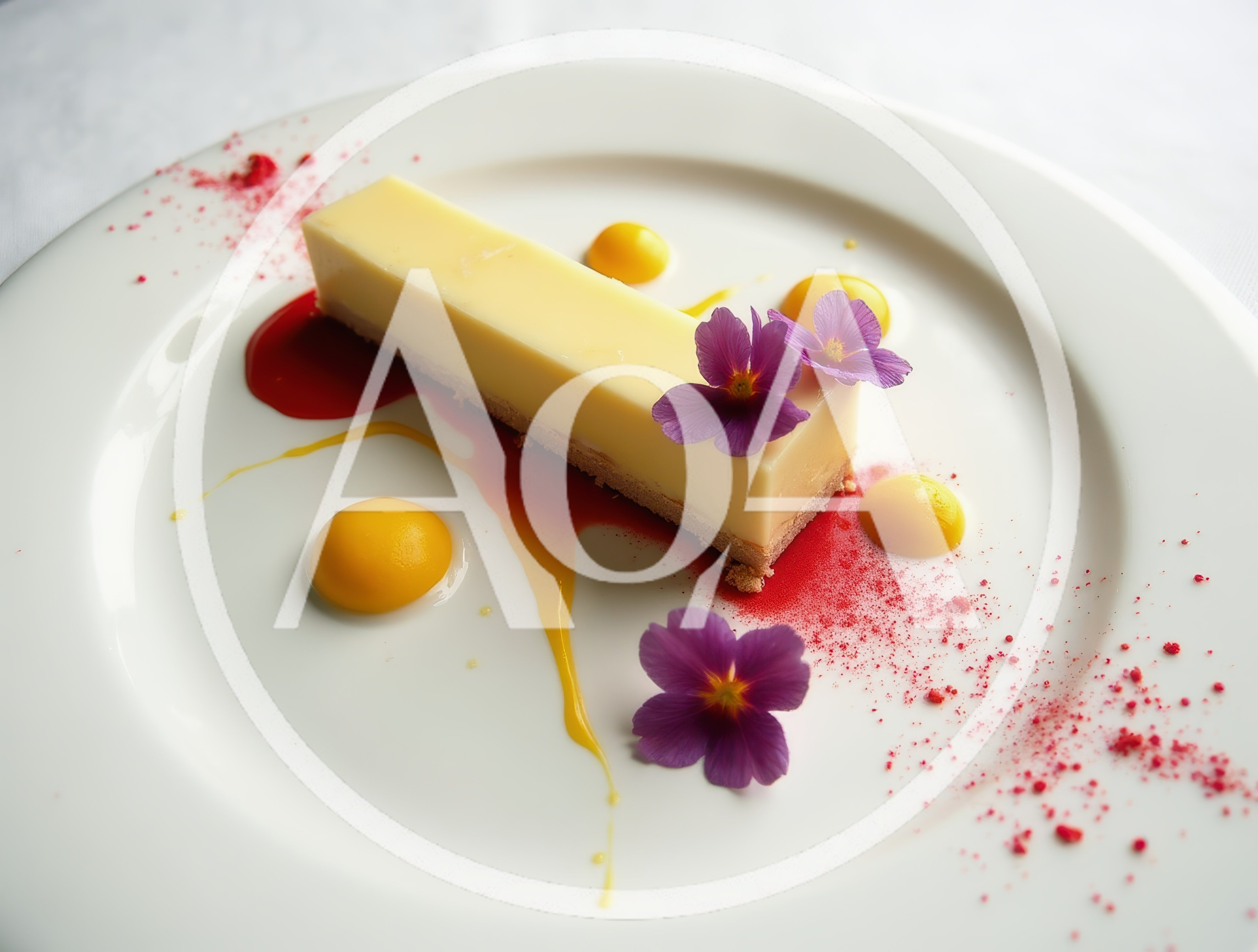 Gourmet Cheesecake Dessert Plated With Fruit Coulis And Flowers