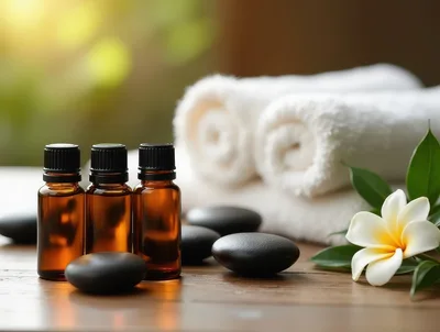 Spa Essential Oil Bottles With Stones And Towels