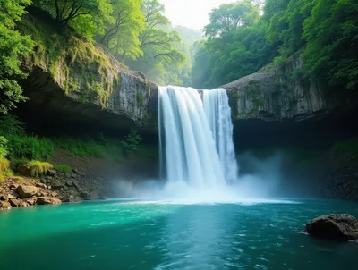 Majestic Waterfall Cascading Into A Turquoise Pool