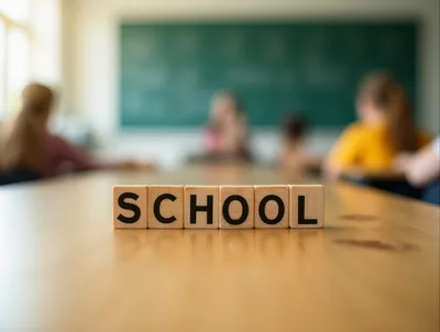 Wooden Blocks Spelling School On A Classroom Desk