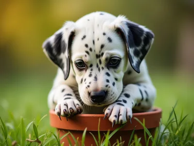 Adorable Dalmatian Puppy Sitting Inside A Clay Flower Pot