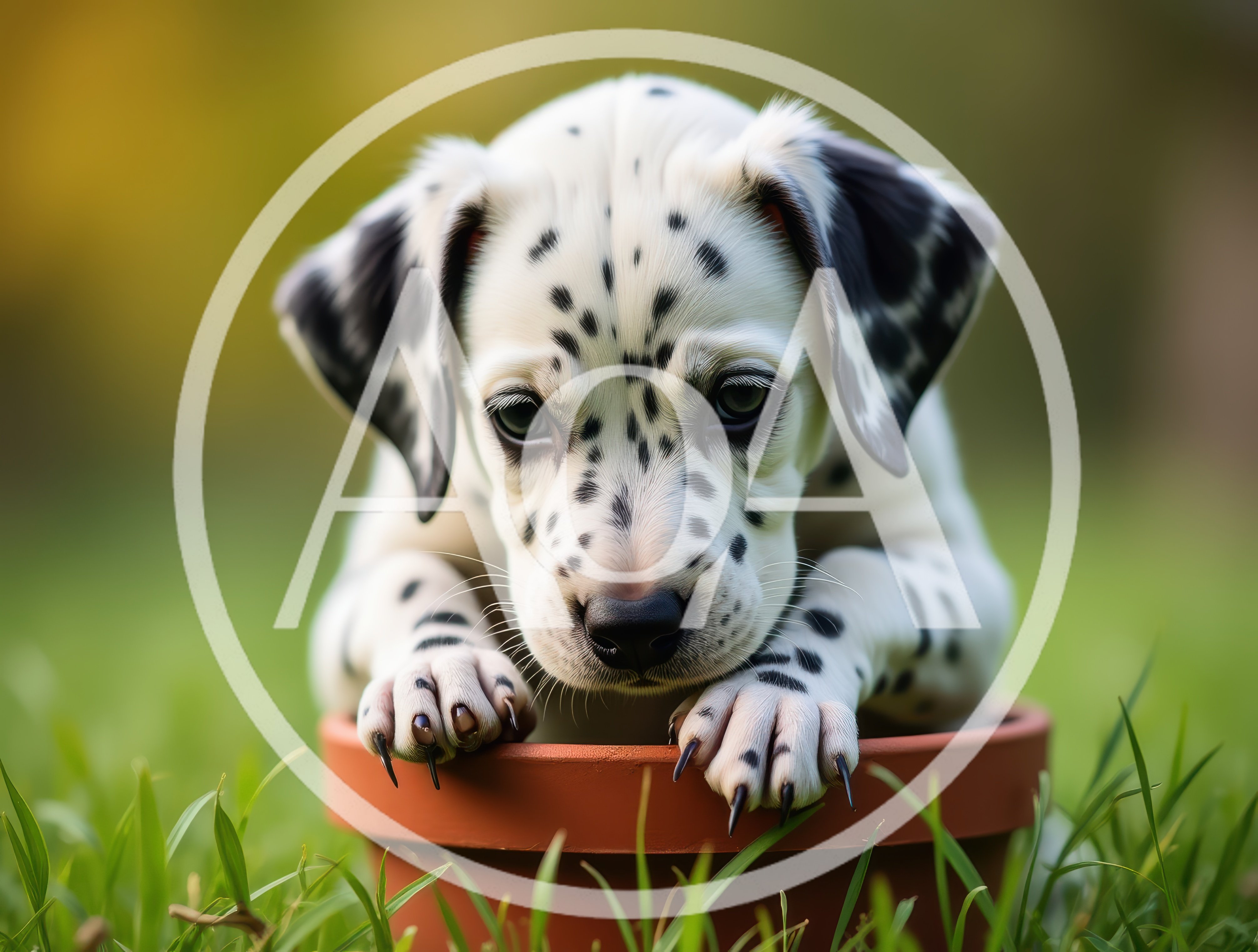 Adorable Dalmatian Puppy Sitting Inside A Clay Flower Pot