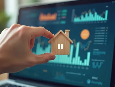 Hand Holding Wooden House Model Over Financial Data Screen