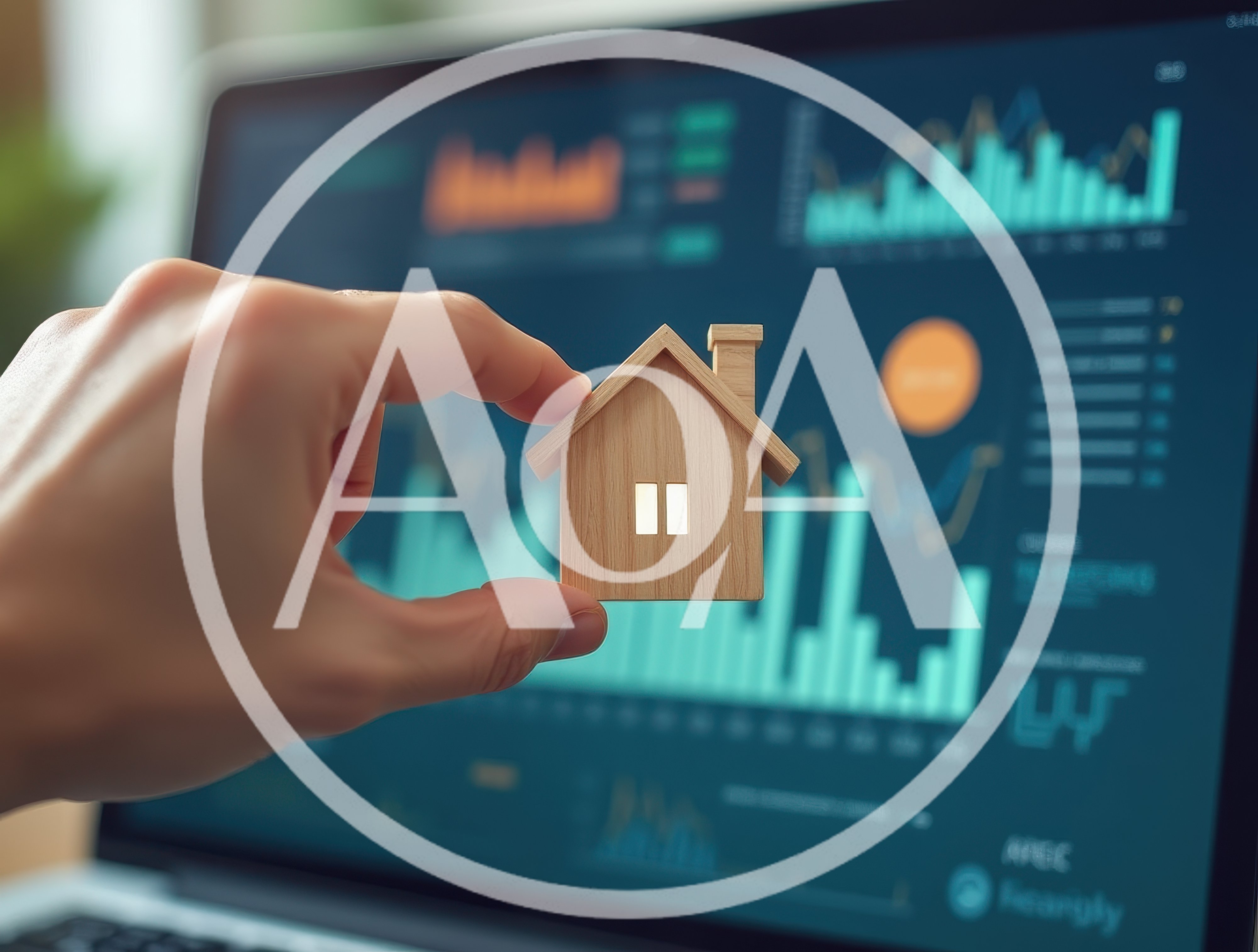 Hand Holding Wooden House Model Over Financial Data Screen